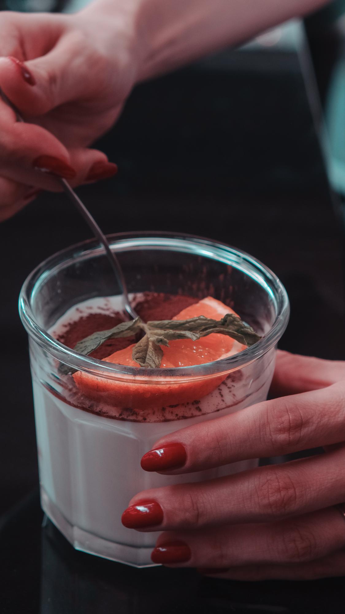 close-up of sauce and garnish