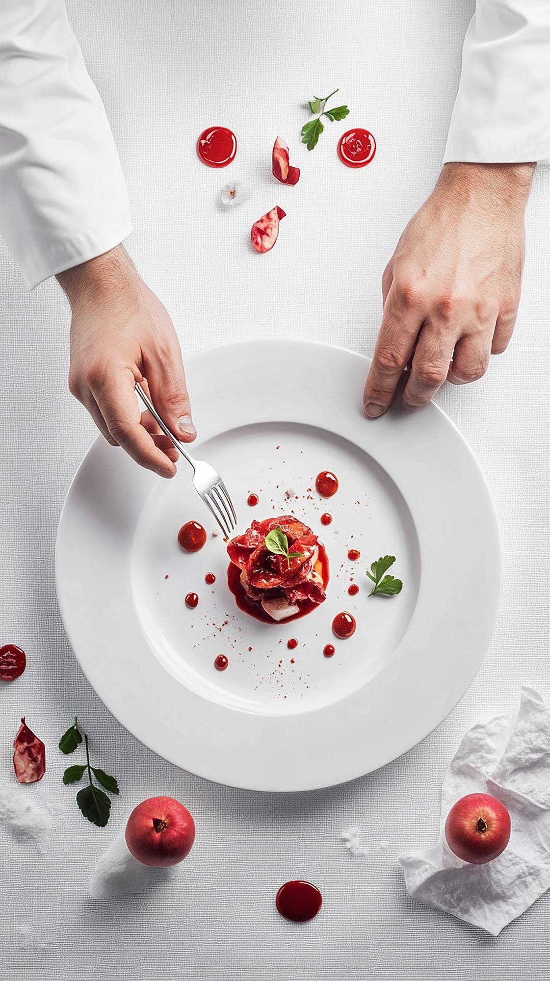 chef plating modern dish in studio